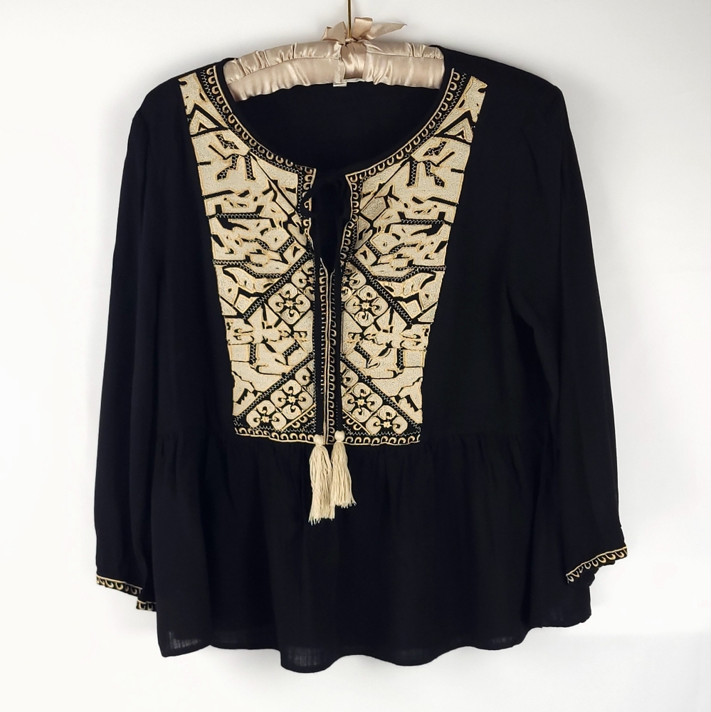 Boho Gold Black ee:some Med Embroidered Tassel Blouse